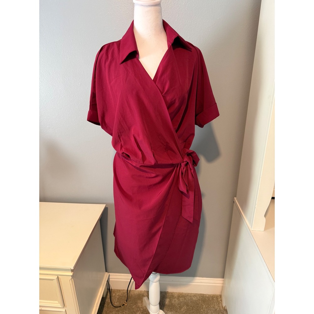 ShopWonder Womens 2XL Burgundy Short Sleeve Collared Wrap Dress wine Tie Waist